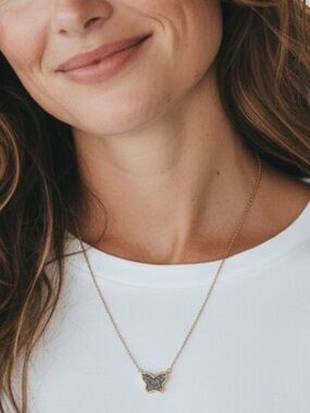 Clover Gold Butterfly Pendant Necklace - Delicate Gold Tone Chain